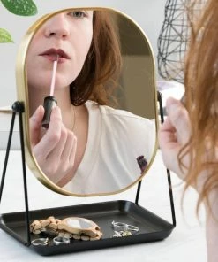 Aanbiedingen ? Navaris Make-up Spiegel - Tafelspiegel Met Opbergruimte Voor Sieraden - Staande Cosmeticaspiegel Met Twee Kanten - Met 3x Vergroting - Zwart/Goud ⭐ -Tom Ford Shop 550x550 319