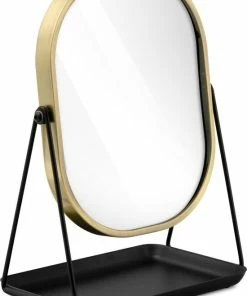 Aanbiedingen ? Navaris Make-up Spiegel - Tafelspiegel Met Opbergruimte Voor Sieraden - Staande Cosmeticaspiegel Met Twee Kanten - Met 3x Vergroting - Zwart/Goud ⭐